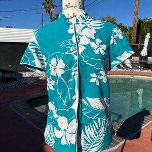 Hilo Hattie Turquoise and White Hawaiian Shirt VTG